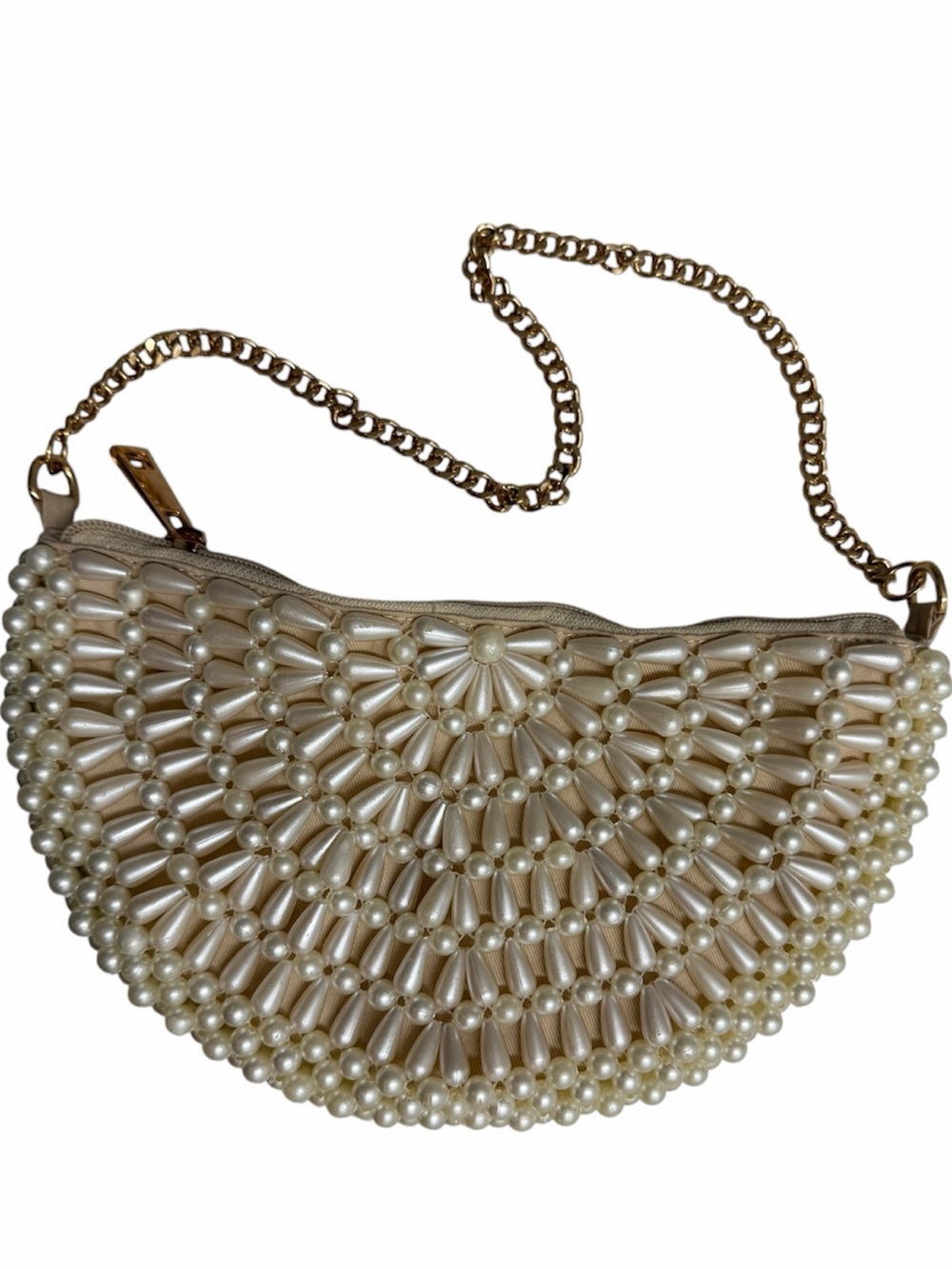 Pearl Beaded Half-Moon Shoulder Bag in Cream